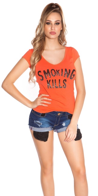 T-Shirt Smoking Kills with skull Coral